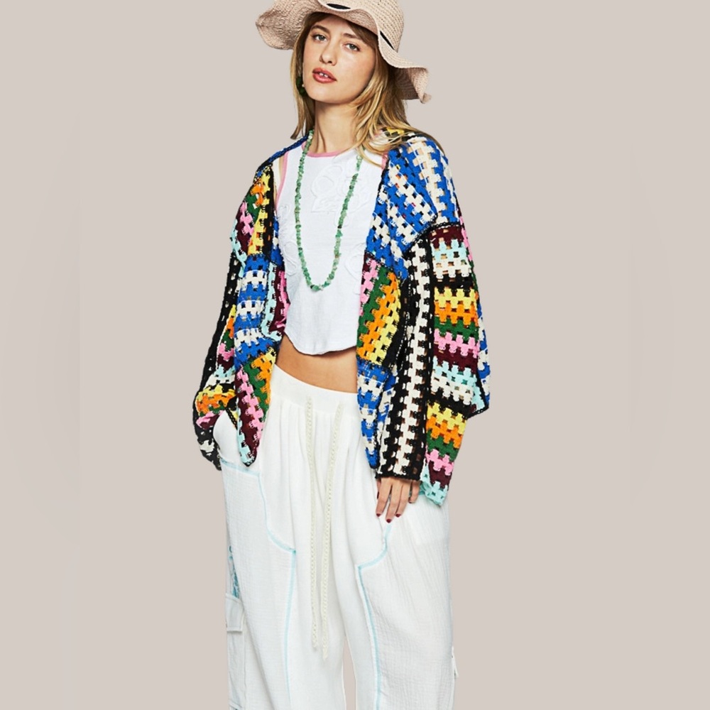 POL Colorful Crocheted Patchwork Open Front Cardigan Sweater Boho Statement - Picture 9 of 9